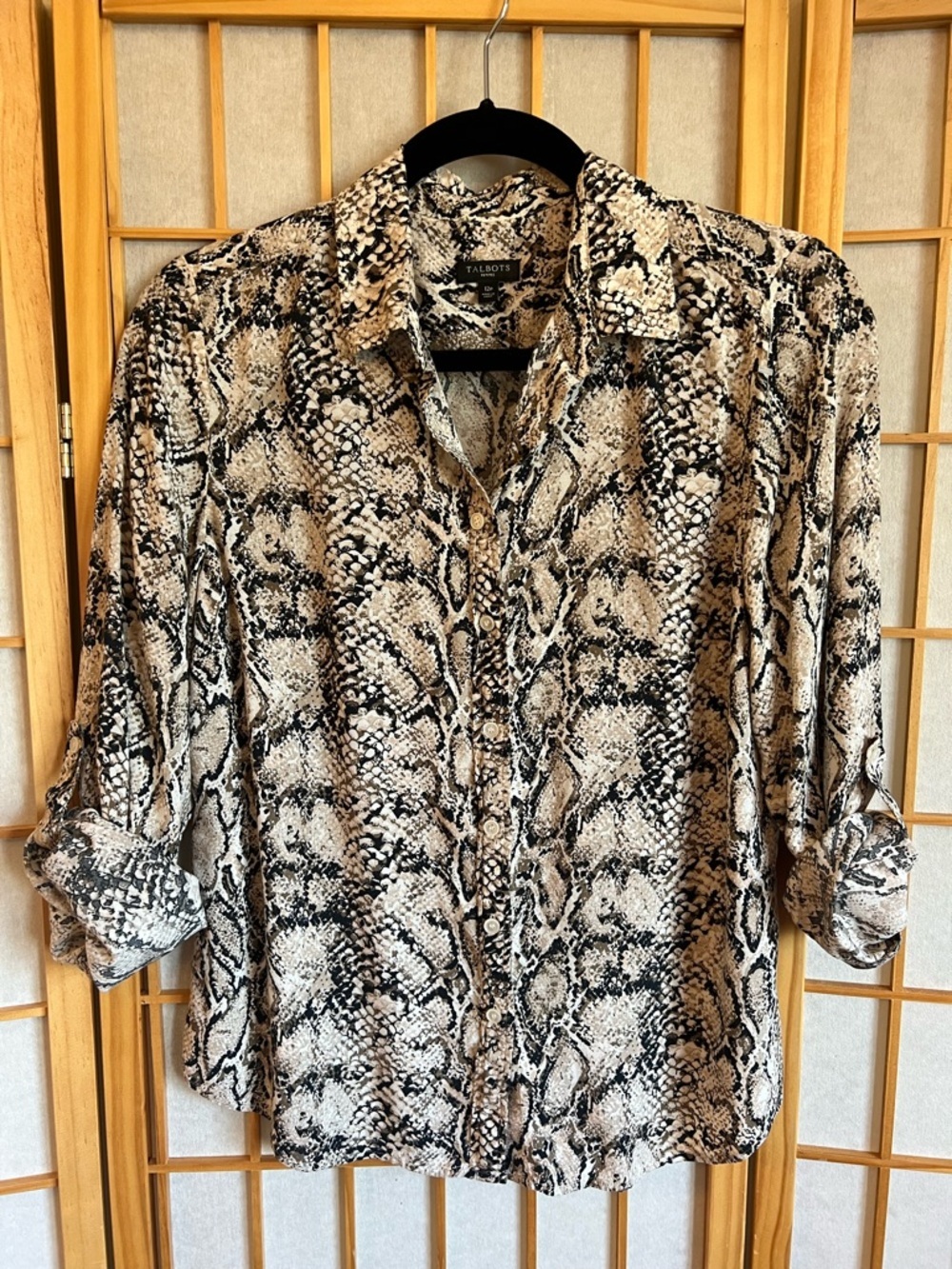 Talbots Petites Snake Print Button Front Blouse 12P Roll Tab Sleeve